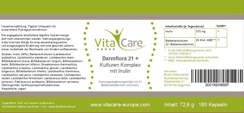 Vitacare Intestinal Flora 21+ / Bacterial Cultures - Culture Complex With Inulin - 21 Bacteria Strains With Prebiotic - 180 Vegan Enteric Juice-Resistant Capsules - NewNest Australia