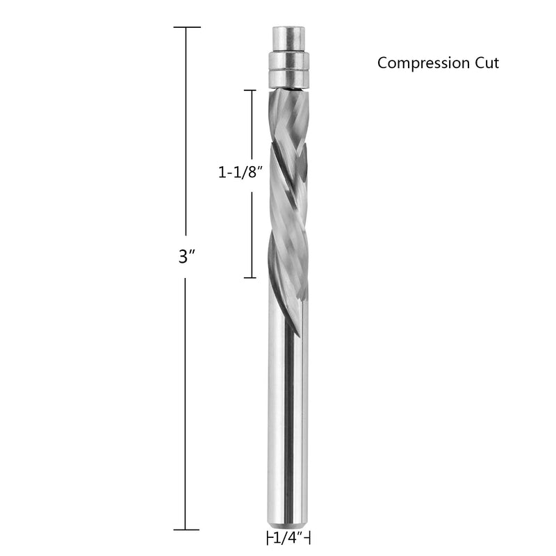 SpeTool 1/4 Shank Pattern Router Bit Extra Long Compression Spiral Flush Trim Router Bearing Bit 1-1/8 Inch Cutting Length, 3 inch OVL Up&Down Woodwork Great for Trim Shelf Edging Veneer or Laminates COMPRESSION-1/4" - NewNest Australia