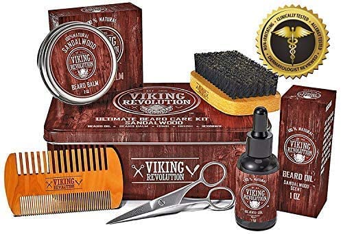 Viking Revolution Beard Grooming Kit for Men - Ultimate Beard Kit - Boar Beard Brush, Wood Beard Comb, Sandalwood Beard Balm, Sandalwood Beard Oil, Beard & Mustache Scissors - NewNest Australia