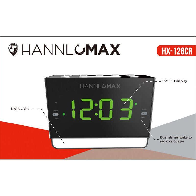 NewNest Australia - HANNLOMAX HX-128CR Alarm Clock Radio, PLL FM Radio, 1.2 inches Green LED Display, Dual Alarm, 6 Levels Night Light, USB Port for 1A Charging, AC/DC Adaptor Included 