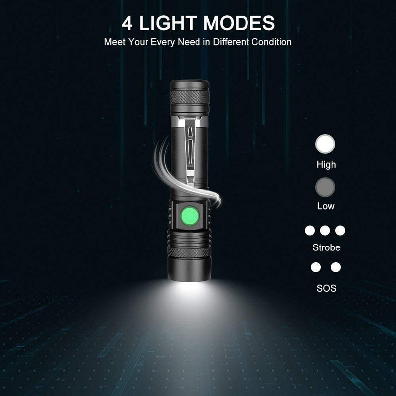 LED Tactical Flashlight Rechargeable (Battery Included), IPX6 Waterproof Flashlight, 1200lm, Super Bright LED, Zoomable, Pocket-size Small LED Flashlight for Hiking, Camping, Emergency rechargeable flashlight - NewNest Australia