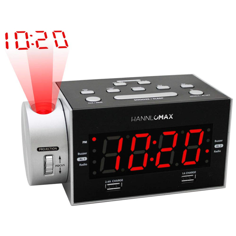 NewNest Australia - HANNLOMAX HX-135CR Alarm Clock Radio with Projection, PLL FM Radio, Dual Alarm, USB Ports for 2.4A and 1A Charging, Red LED Display 