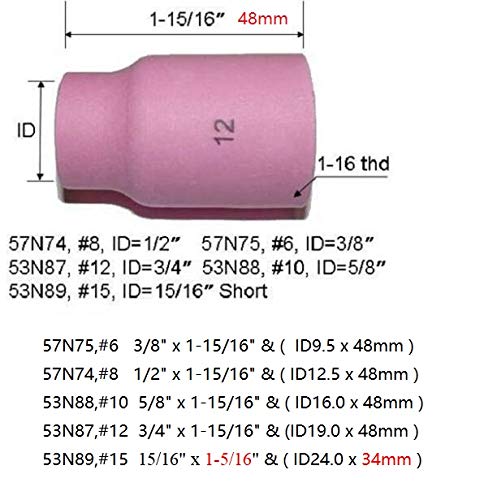 RIVERWELD Large TIG Gas Lens Alumina Nozzle Ceramic Cups Kit 53N87 12# 3/4" 53N88#10 5/8" 53N89#15 15/16" 57N74#8 1/2" 57N75#6 3/8" Fit SR DB WP 9 17 20 18 26 TIG Welding Torch 5pk #6 #8 #10 #12 #15 kit 5pcs - NewNest Australia