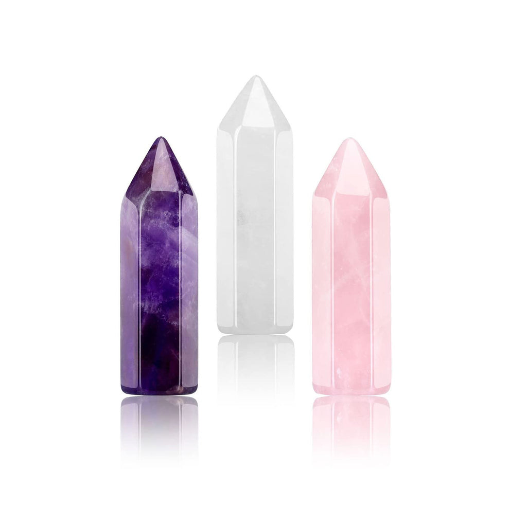 JOVIVI 3pc 35mm Healing Crystals Gemstones Set Amethyst Crystal Rose Quartz Clear Quartz Points Crystal Towers Reiki Stones Yoga Amulet Meditation Spiritual Home Decor Gifts 3pc 35mm Amethyst/Rose Quartz/Clear Quartz Crystal Wands Set - NewNest Australia