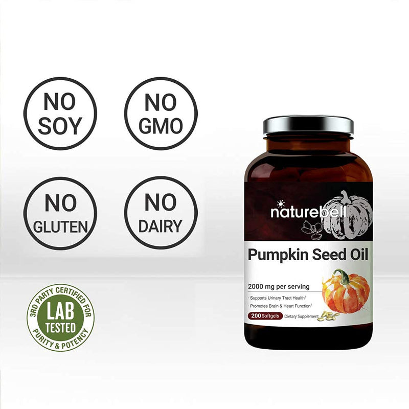 Double Strength Virgin Pumpkin Seed Oil Capsules, 2000mg Per Serving, 200 Soft-gels, Cold Pressed, Rich in Omega 3 6 Essential Fatty Acids, Prostate & Bladder Supplements for Men and Women, No GMOs 200 Count (Pack of 1) - NewNest Australia