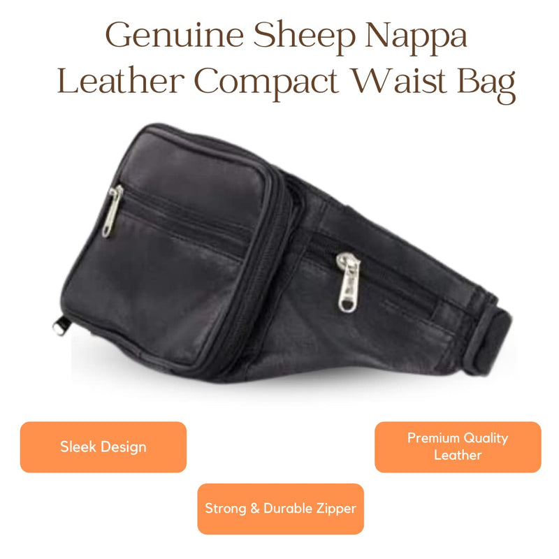Liberty Leather - Black - Genuine Sheep Nappa Leather Compact Waist Bag | Multi-Pocket Fanny Pack for Outdoor Use, Travel | Adjustable Waist Strap Bum Pack for Walking, Cycling, Running, Gyming, Fashion. Gb1 - NewNest Australia