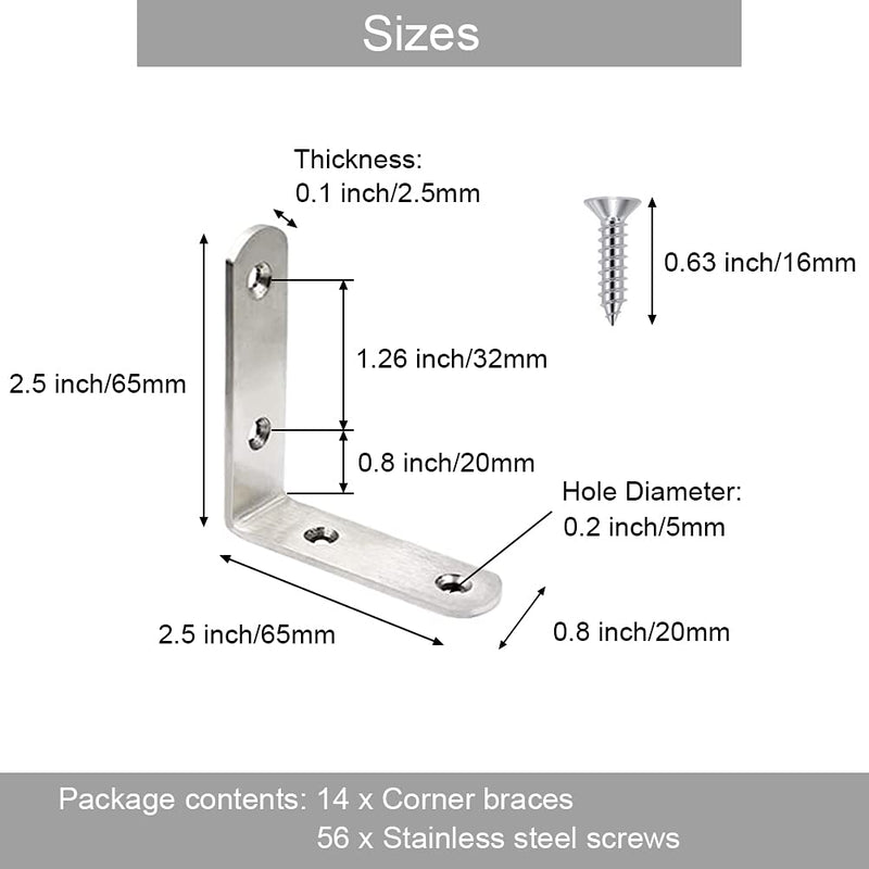 14 Pack L Bracket Corner Braces 2.5 Inch Stainless Steel Heavy Duty Shelf Bracket for Wood Shelves, Wall Hanging Support 90 Degree Joint Right Angle Brackets with Screws - NewNest Australia