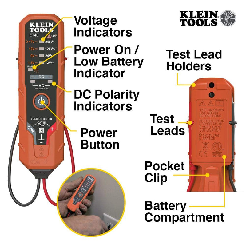 Klein Tools ET40 Voltage Tester, AC Voltage, DC Voltage, and DC Polarity, Low Voltage Tester Includes Batteries 12/240 V - NewNest Australia