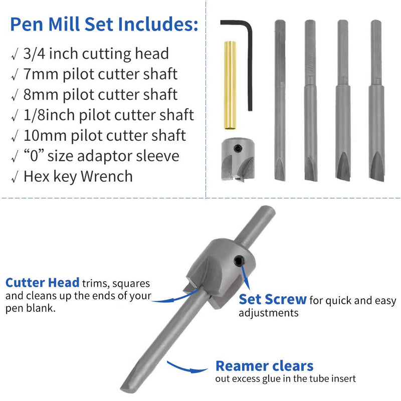 Pen Mill Set, 7 PC Pen Barrel Trimming System with 3/4 inch Cutting Head, 7mm, 8mm, 3/8 inch, 10mm Pilot Cutter Shafts, 0 Size Adaptor Sleeve and Hex Key Wrench, Pen Barrel Mill Trimmer Set by Tackpro - NewNest Australia
