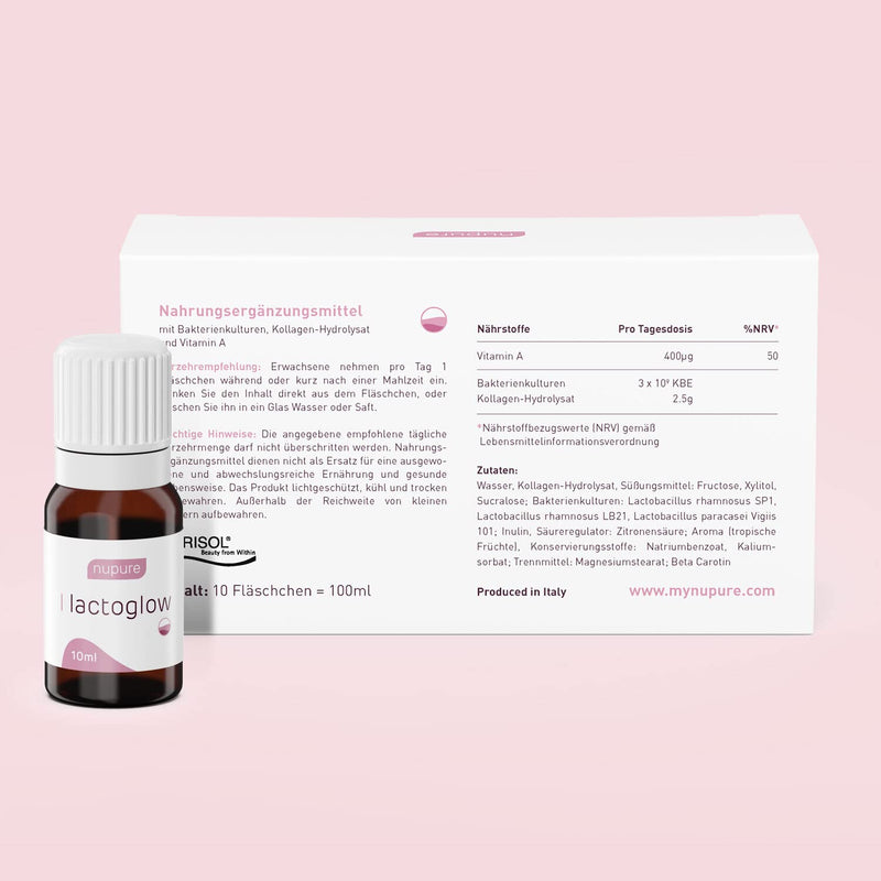 Nupure® Lactoglow, collagen peptide drink for the skin with lactic acid bacteria, vitamin A and inulin, collagen VERISOL® B, 3 protective bacterial cultures, 10 collagen drinking ampoules of 10 ml each. 10 pieces (10 days) - NewNest Australia