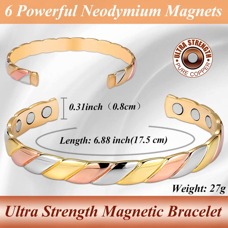 Cigmag Lymphatic Drainage Copper Magnetic Bracelet for Women 99% Solid Pure Copper Ultra Strength Magnet Adjustable Brazaletes Cuff Bangle with Gift Box (Tricolor Pattern) 1-tricolor - NewNest Australia