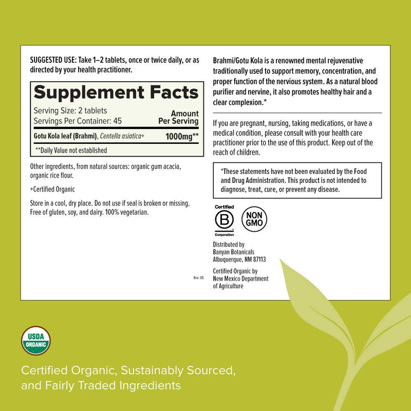 Banyan Botanicals Brahmi/Gotu Kola Tablets - USDA Organic - 90 Tablets - Centella asiatica - Brain & Nervous System Rejuvenative* - NewNest Australia