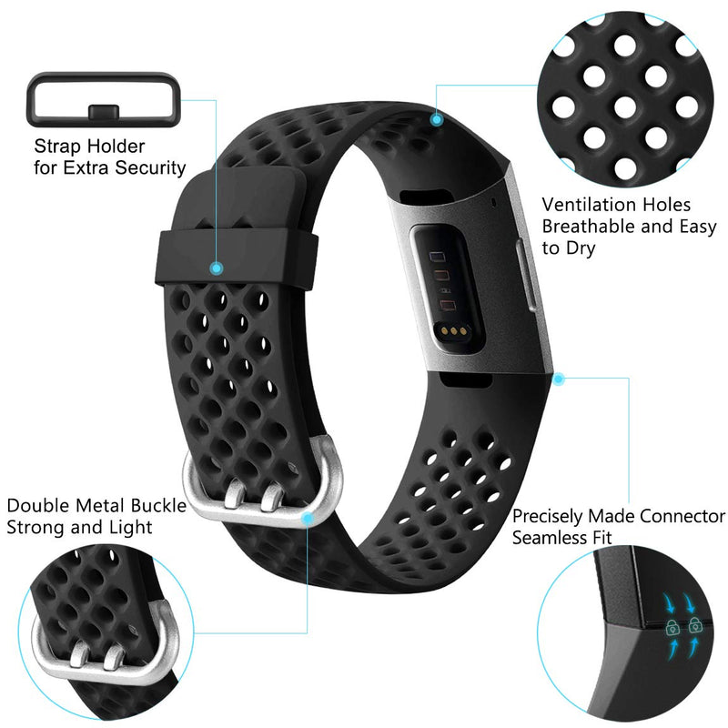 Maledan Bands Compatible with Fitbit Charge 3 and Charge 4, Breathable Sport Band Replacement Wristbands with Air Holes for Charge 4/ Charge 3/ Charge 3 SE Fitness Tracker Women Men, 3-Pack Large Black/Navy Blue/Blue Gray - NewNest Australia