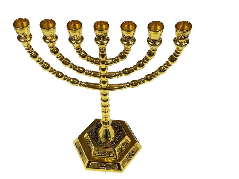 NewNest Australia - Bethlehem Gifts TM 8" 7 Branch Hexagonal Base 12 Tribes of Israel Menorah (Gold) 8 inch Gold 