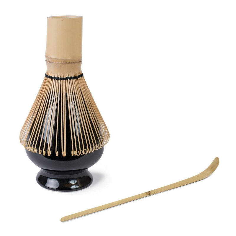 Matcha Whisk Bundle Set (3 Piece) - Consisting of Bamboo Matcha Whisk, Bamboo Matcha Spoon or Scoop and Ceramic Matcha Tea Whisk Holder (Black) Black - NewNest Australia