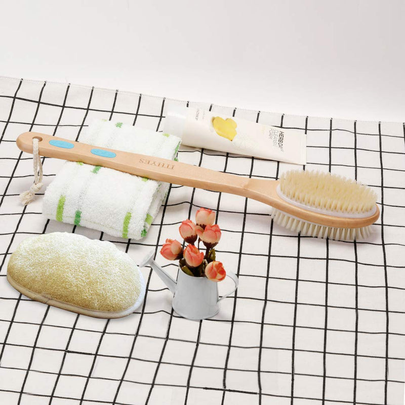 Ithyes Shower Brush with Soft and Stiff Bristles Body Brush Dry Brushing Back Scrubber Bath Brush Wood Long Handle Natural Bristles exfoliating Massage Double-sided Brush Head for Wet/Dry,Loofah Pad - NewNest Australia