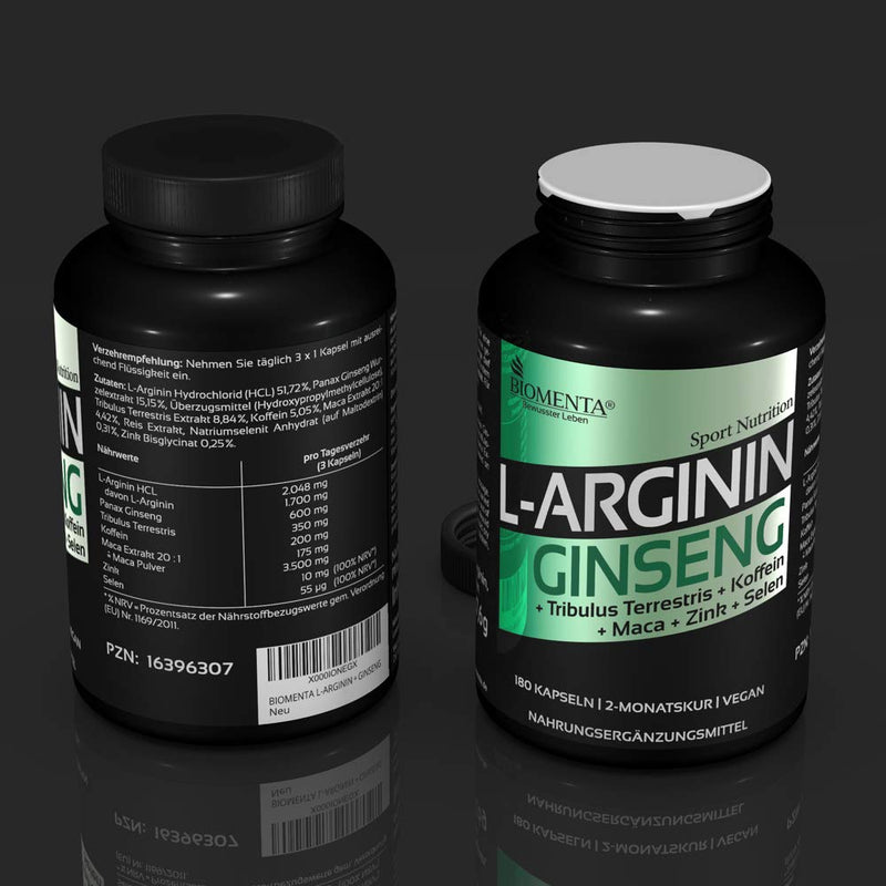 BIOMENTA Arginine + Ginseng - Vegan - with L-Arginine, Ginseng, Maca, Tribulus Terrestris, Caffeine, Zinc, Selenium - 180 L-Arginine Ginseng Capsules High Dose - 2 Month Treatment - NewNest Australia