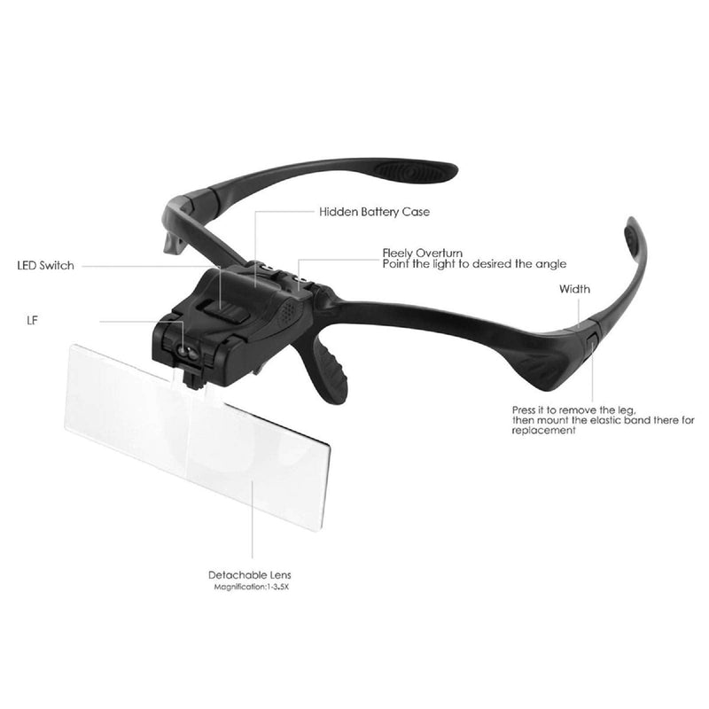 Wallfire Headband Magnifier With Led Light, Reading Head Holder, Magnifier With 5 Detachable Lenses For Reading, Jewelery Magnifier, Watch And Electronics Repairs (1.0X, 1.5X, 2.0X, 2.5X, 3.5X) - NewNest Australia
