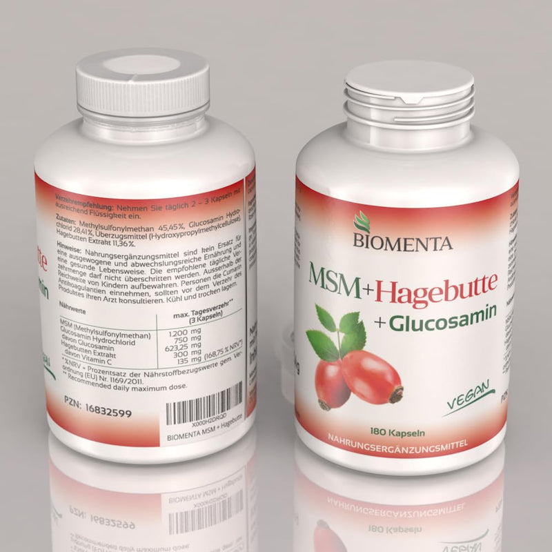 BIOMENTA MSM + Rosehip + Glucosamine - 180 allergen-free MSM capsules high dosage with 1,200mg sulfur powder + 750mg glucosamine HCl + 300mg rosehip extract/day - vegan - premium quality - NewNest Australia