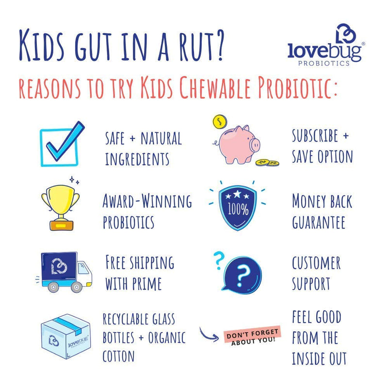 LoveBug Probiotics for Kids Immune Support, 10 Billion CFU & 6 Strains, 30 Natural Berry Flavored Chewable Tablets, Probiotic Supplement for Digestive & Immune Health, Allergen Friendly. - NewNest Australia