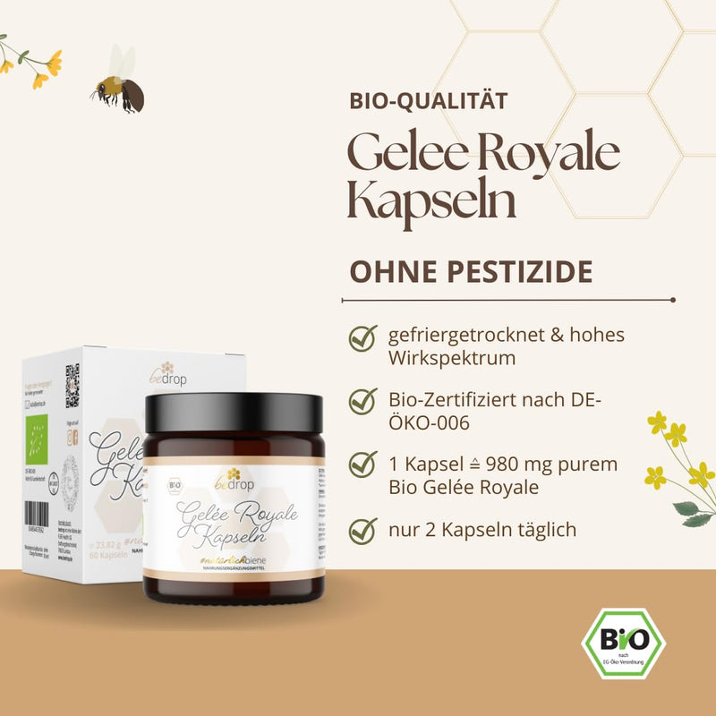 Bedrop Royal Jelly Capsules Organic Quality 60 Capsules - 1 Capsule = 980 Mg Pure Royal Jelly, 10-Hda Content <4.8% - Royal Jelly Rich In Polyphenols & Flavonoids - NewNest Australia