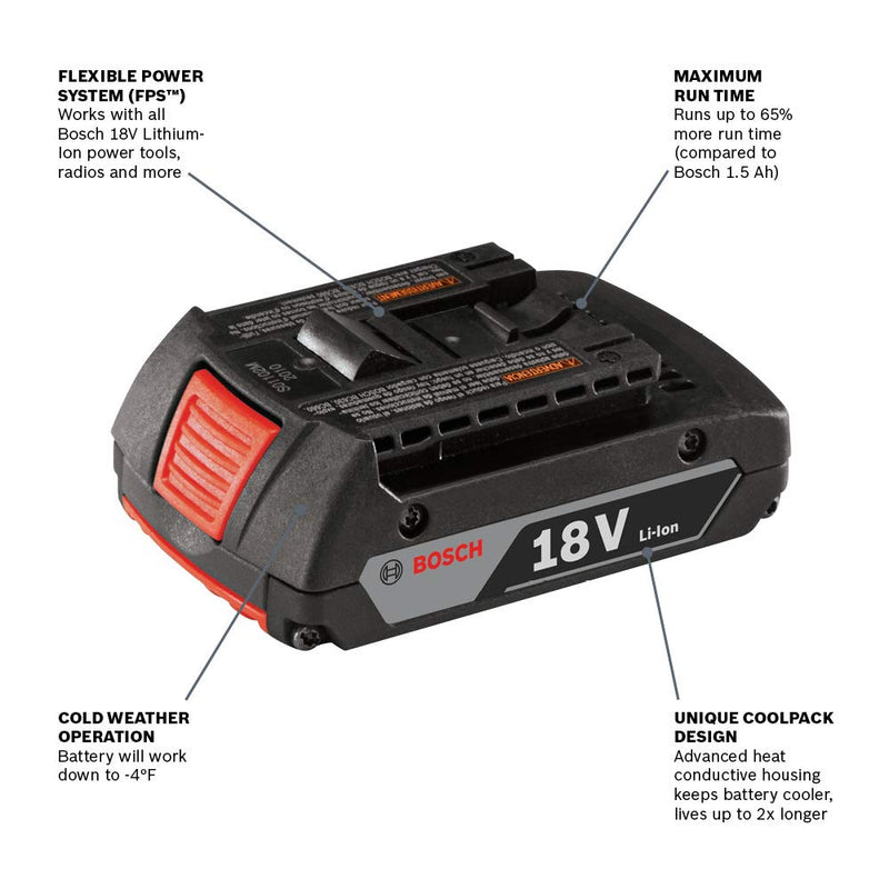 Bosch BAT612 18-volt Lithium-Ion 2.0 Ah Slim Pack Battery with Digital Fuel Gauge , Black - NewNest Australia