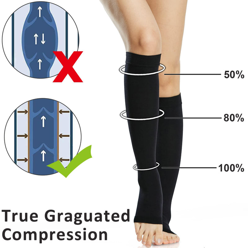 Ailaka 20-30 mmHg Compression Calf Socks for Women & Men, High Open Toe Graduated Support Varicose Veins Knee Stockings Hosiery, Travel, Nurses, Pregnancy, Recovery Black XL - NewNest Australia