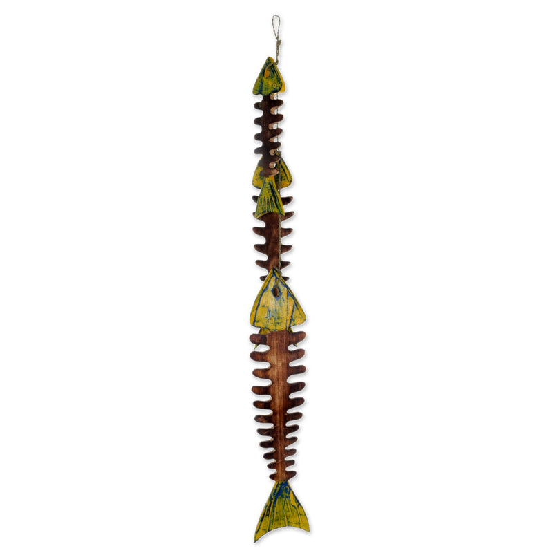 NewNest Australia - NOVICA Hand Carved Albesia Wood Hanging Wall Accent With Agel Grass Cord, Brown And Yellow 'Fish Bones' 