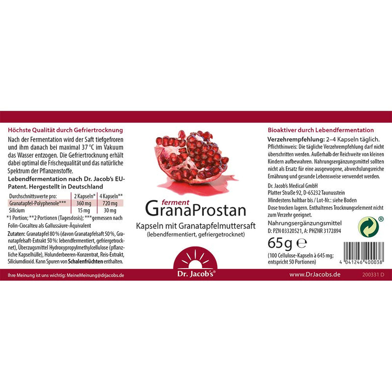 Dr. Jacob's Granaprostan Ferment 100 capsules I high bioavailability I pomegranate mother juice extract, live fermented, freeze-dried - NewNest Australia