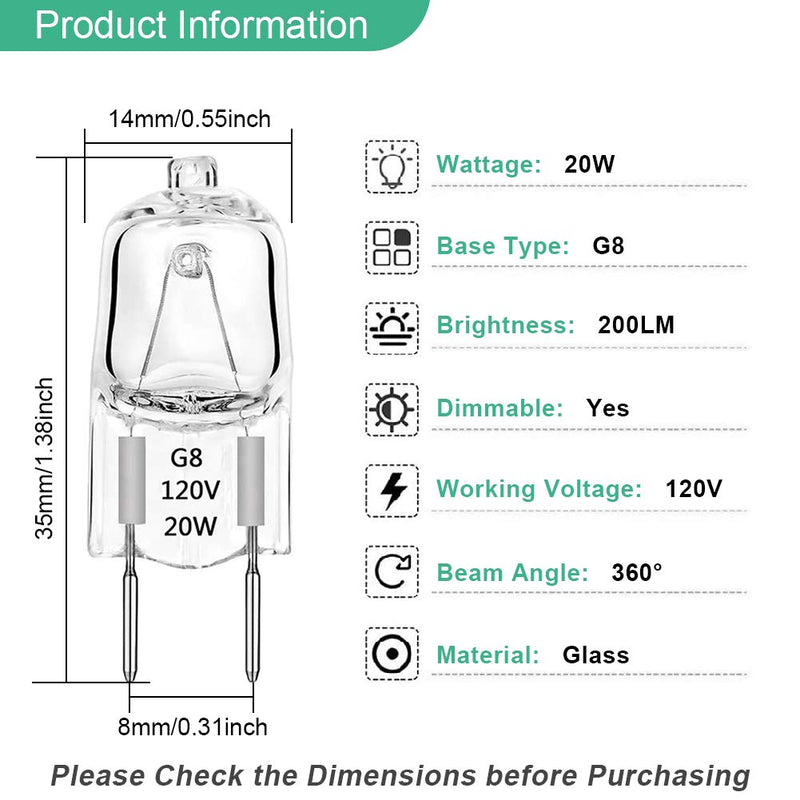 G8 Halogen Light Bulbs 20W Dimmable 120V G8 Base 2Pin Xenon Bulb (12 Pack) T4 JCD Type Warm White Under Cabinet Puck Lighting Replacements 20.0 Watts - NewNest Australia