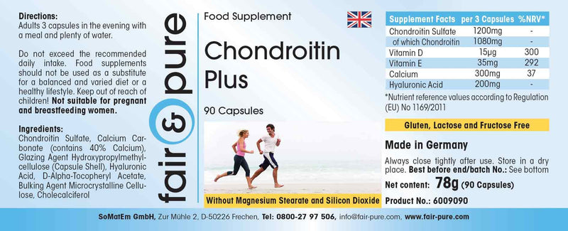 Fair & Pure® - Chondroitin Plus with hyaluronic acid - calcium - vitamin D and E - without magnesium stearate - 90 chondroitin capsules - NewNest Australia