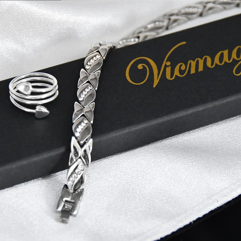 Vicmag Magnetic Bracelets for Women, Titanium Steel Brazaletes Ultra Strength Magnetic Gift Box with Removal Tool (Crystal Design for Ladies) (Platinum) Platinum - NewNest Australia