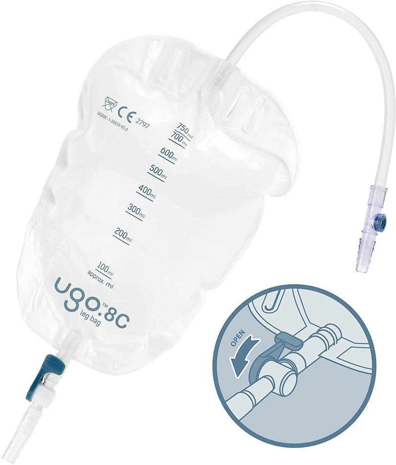 Ugo Leg Bags (X10) - Urine Drainage Bags/Catheter Leg Bags T Shape Or Lever Shaped Pockets With Soft Cloth Back (10 Pack) (Ugo 8C - 750Ml Long Tube Lever Fitting) - NewNest Australia
