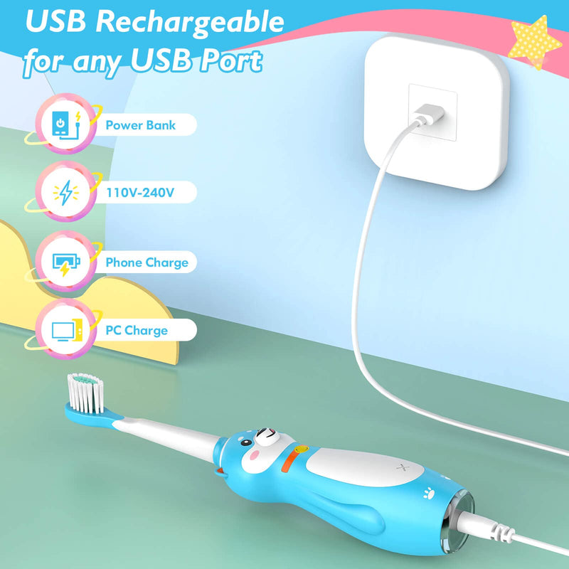 Kids Electric Toothbrush Rechargeable, Sonic Silicone Teeth Brush with Timer for Children Boys Girls Ages 3+, 3 Modes with Memory, 4 Soft Brush Heads (Blue Shiba Inu Dog) Blue - NewNest Australia