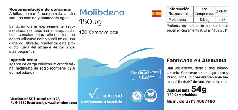 Molybdenum 150mcg - 180 tablets - ! FOR 6 MONTHS ! - vegan - essential trace element | Vitamintrend® - NewNest Australia