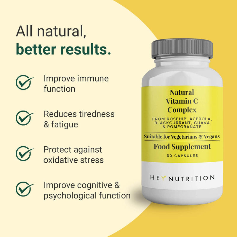 Hey Nutrition Natural Vitamin C 250mg Complex from Rosehip, Acerola, Blackcurrant, Gauva & Pomegranate - Immune Function, Stress, Metabolic Health, & Fatigue - 60 Capsules, Non GMO, Vegan - NewNest Australia