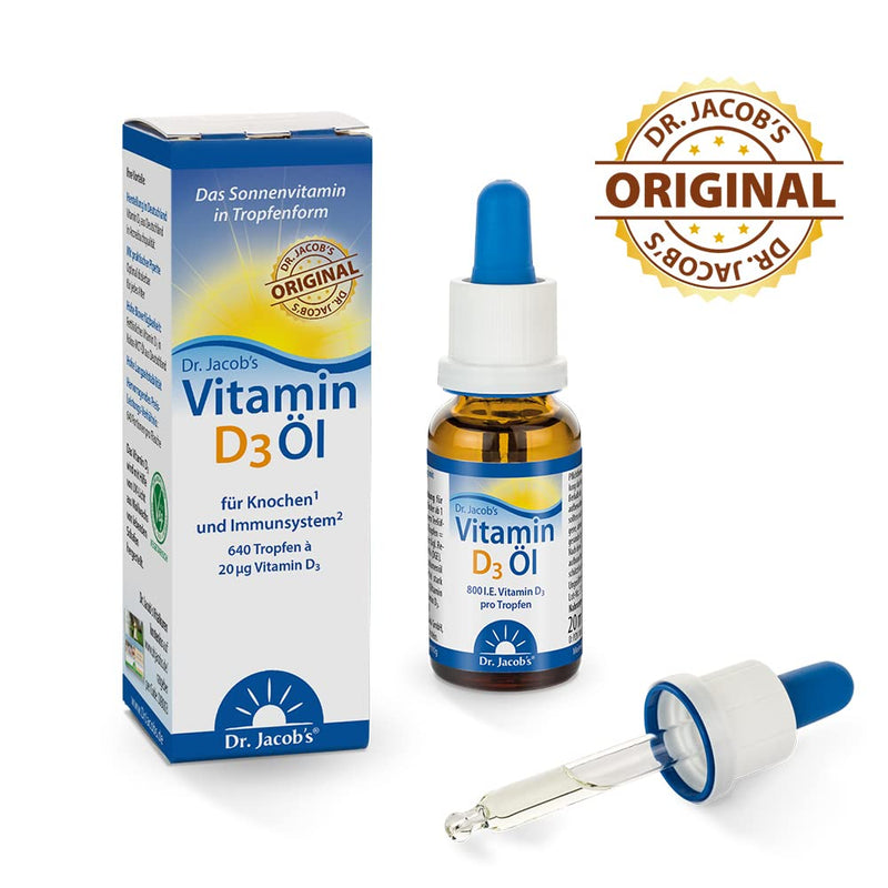 Dr Jacob's Vitamin D3 oil drops 800 IU I ideal dosage for the whole family including small children I for the immune system, muscles and bones¹ I pharmacy quality I high bioavailability 20 ml 640 drops - NewNest Australia