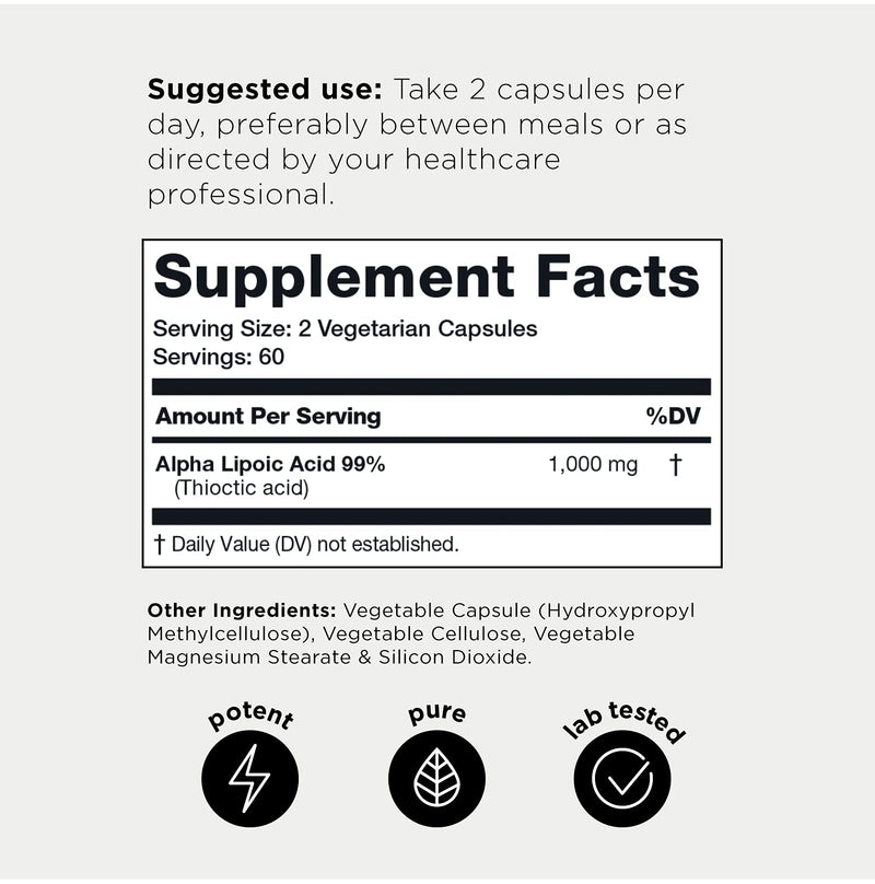 Ultra High Strength Alpha Lipoic Acid Capsules - 1000mg Concentrated Formula - 99%+ USP Standard Highly Purified and Bioavailable - 120 Capsules ALA Supplement - NewNest Australia
