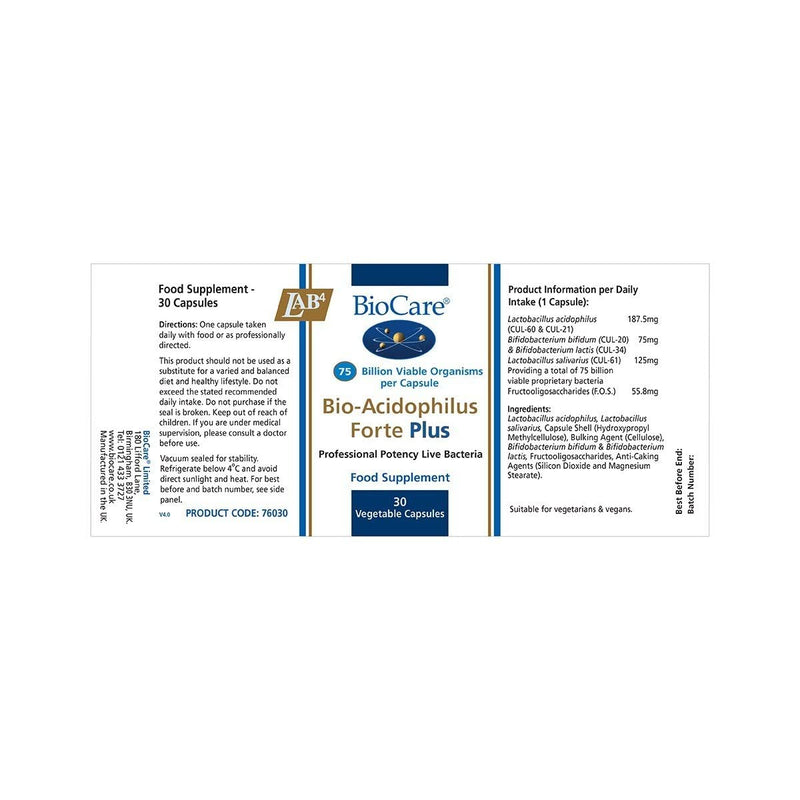 BioCare BioAcidophilus Forte | Vegetable Capsules | 30 Billion LAB4 Live Bacteria | Suitable for Vegetarians and Vegans | Food Supplement | 30 Capsules 30 Count (Pack of 1) - NewNest Australia