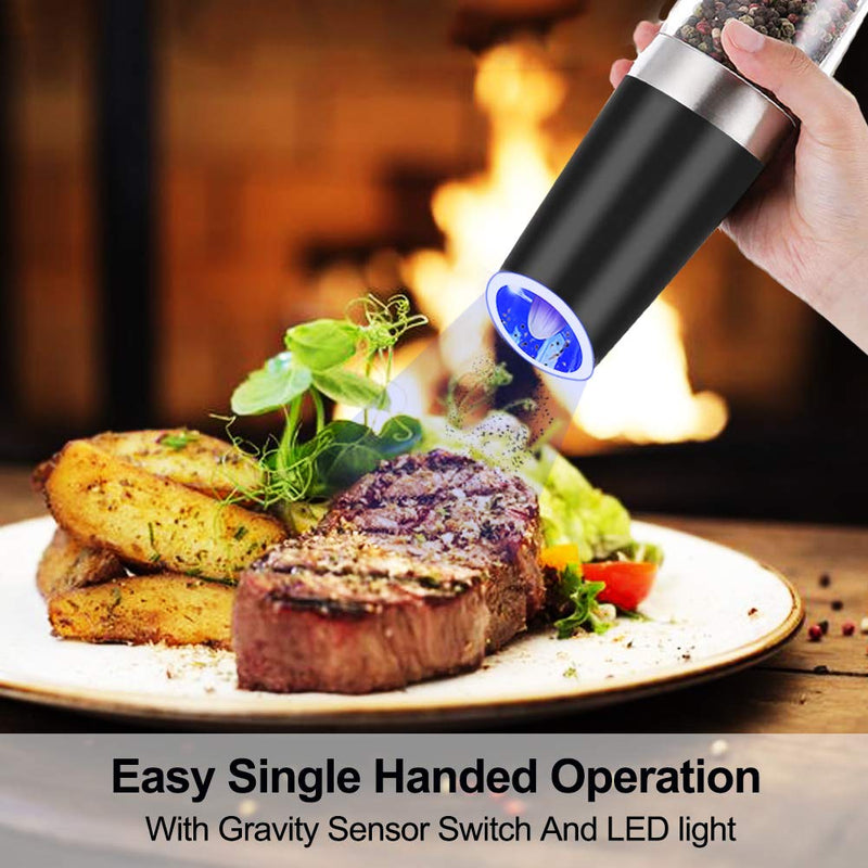 NewNest Australia - Gravity Electric Pepper Grinder, Salt or Pepper Mill & Adjustable Coarseness, Battery Powered with LED Light, One Hand Automatic Operation, Stainless Steel (Black) Single / Black 