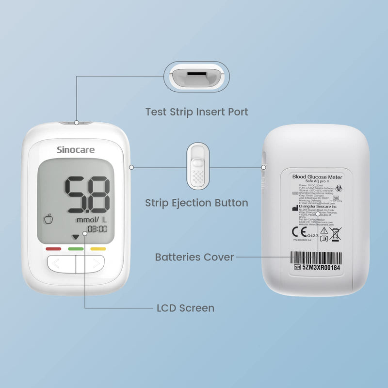Sinocare Blood Sugar Monitor, 100pcs Strips & 100pcs lans. Safe AQ Pro I Diabetes Testing Kit with Ketone Warning, 2023 Upgrading Blood Glucose Monitors, Including Battery, mmol/L AQ Pro Set - 100 - NewNest Australia