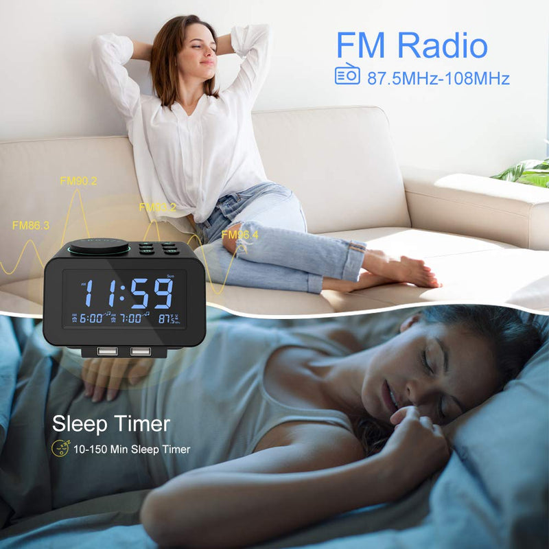 NewNest Australia - USCCE Digital Alarm Clock Radio - 0-100% Dimmer, Dual Alarm with Weekday/Weekend Mode, 6 Sounds Adjustable Volume, FM Radio w/Sleep Timer, Snooze, 2 USB Charging Ports, Thermometer, Battery Backup Black 