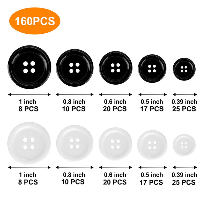 Mixed Sewing Buttons 160Pcs, Round Black 4-Hole Craft Buttons, 5 Sizes White Resin Button, with Separate Compartment Storage Box, Suitable for Sewing, Craft Projects and Holiday Decoration - NewNest Australia
