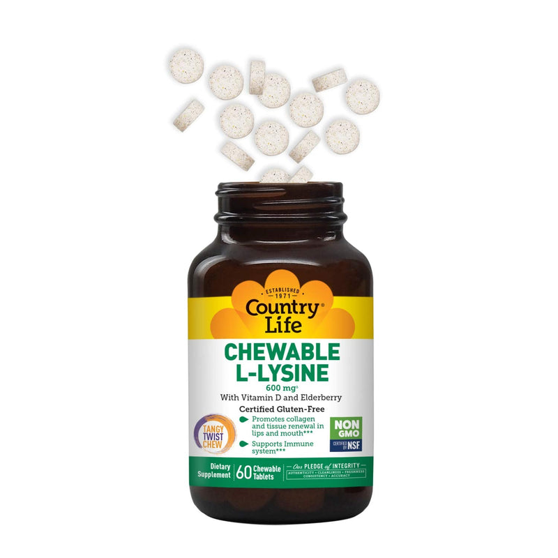 Country Life Chewable L-Lysine 600mg - 60 Chewable Tabs - Supports Immune Health - Supports Natural Collagen Production - Vitamin D - Elderberry - Great Taste - NewNest Australia
