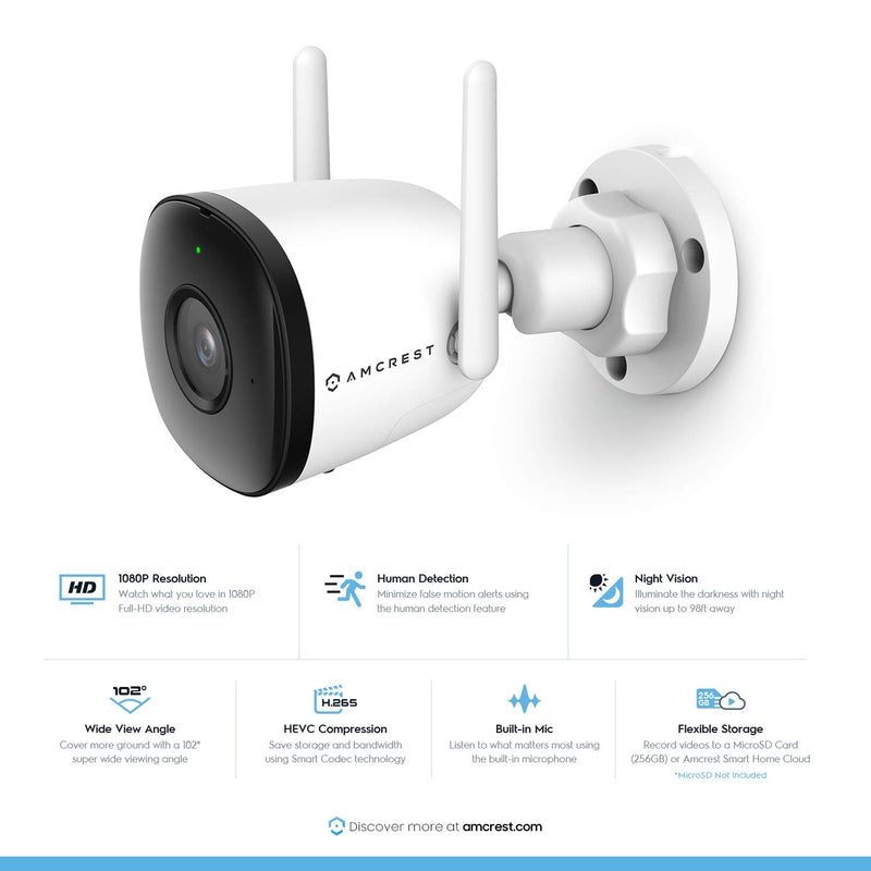 Amcrest 1080P WiFi Camera Outdoor, Smart Home 2MP Bullet IP Security Camera Outdoor Wireless, 98ft Nightvision, Built-in Mic, 102° FOV, 256GB MicroSD Storage (Sold Separately), ASH22-W (Wired Power) - NewNest Australia