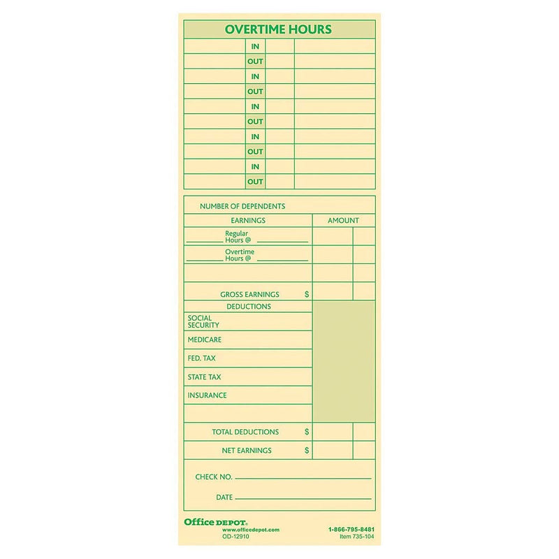 Office Depot Time Cards with Deductions, Weekly, Monday-Sunday Format, 2-Sided, 3 3/8in x 8 7/8in, Manila, pk of 100, GB-735104 - NewNest Australia