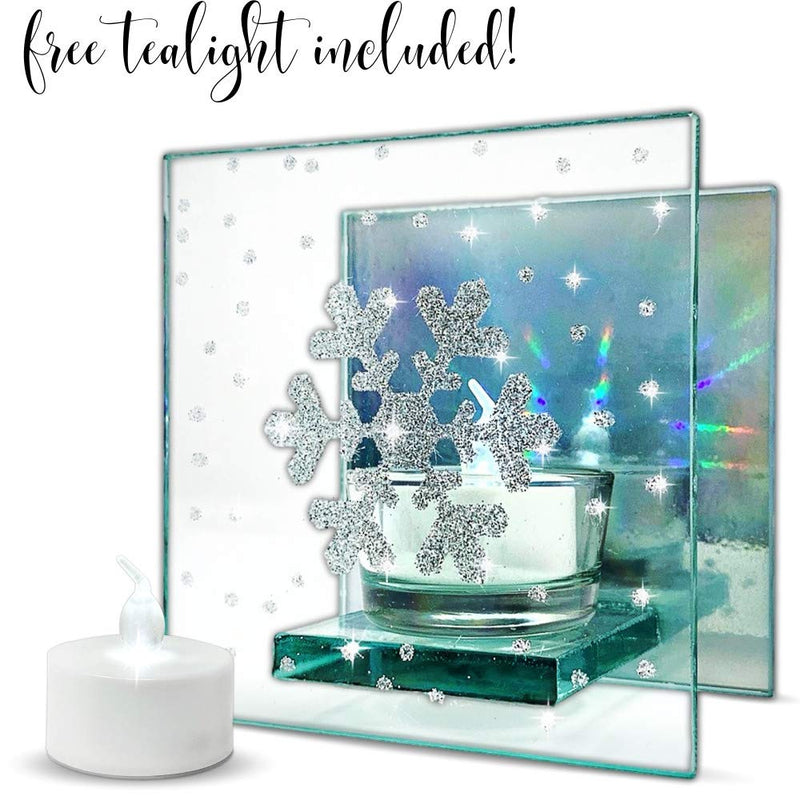 NewNest Australia - BANBERRY DESIGNS Snowflake Candles - Clear and Silver Glass Candle Holder Painted with a Glittery Snow Flake Design - Mirrored Hologram Back 4 Inches Tall 