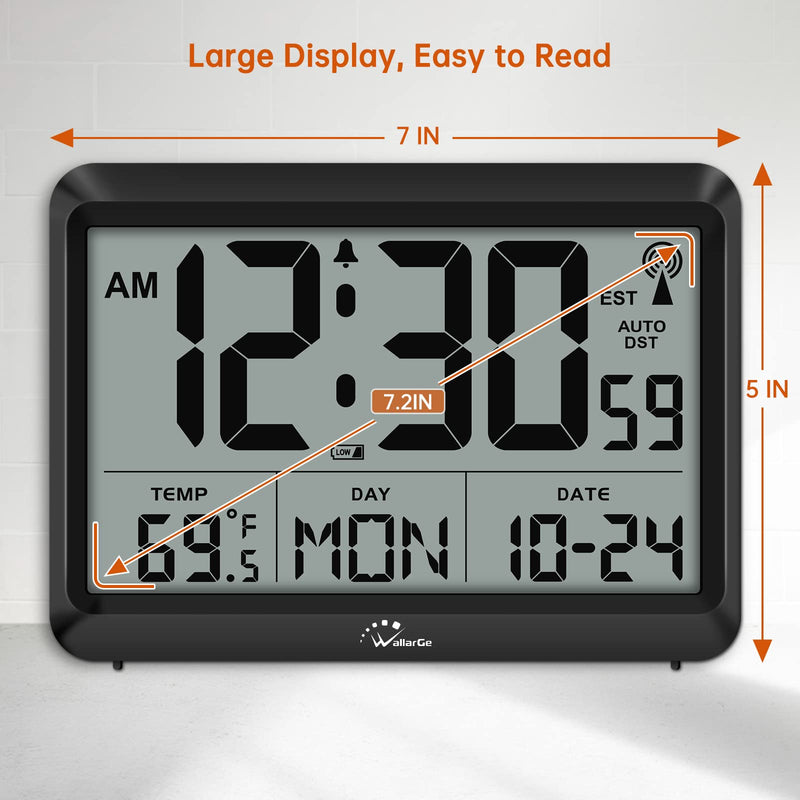 WallarGe Atomic Clock Battery Operated - Large Display Digital Alarm Clock with Seconds and Indoor Temeperature, 4 Time Zones, DST Black - NewNest Australia