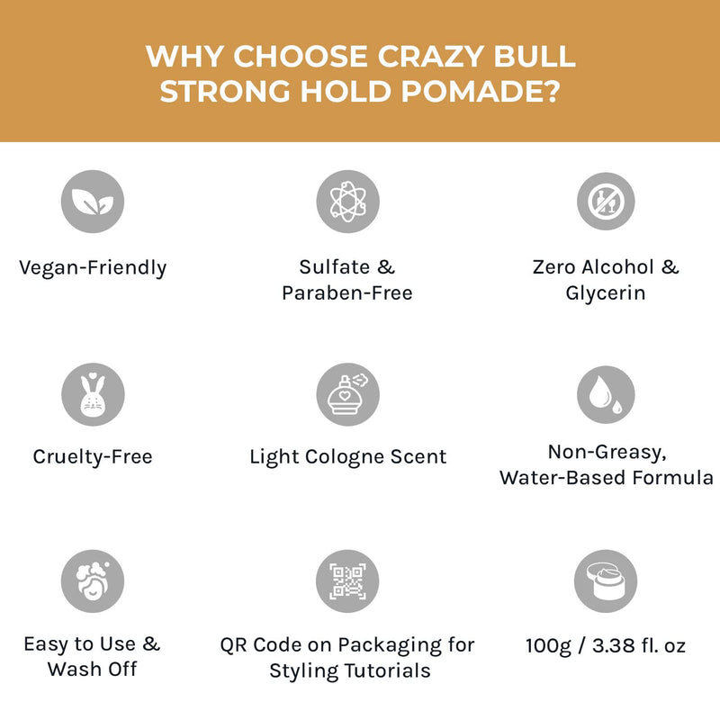 Crazy Bull Pomade - Vegan & Water Based Strong Hold Hair Styler with High Shine Finish - Styling Product with Artificial Beeswax for Thickening, Volumising, & Defining Hair - Light Cologne Scent - NewNest Australia
