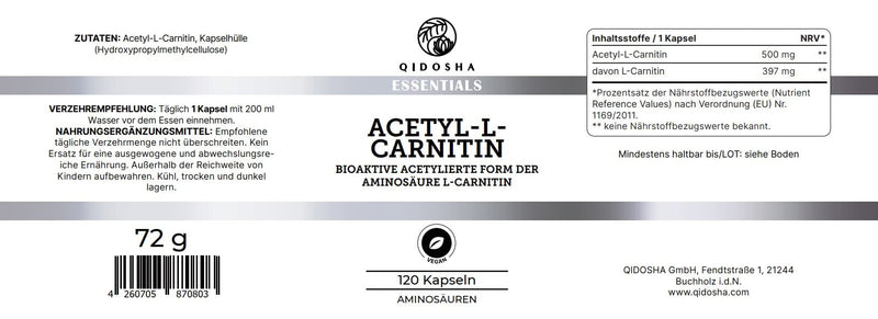Qidosha Acetyl L Carnitine Capsules Bioactive, Increased Bioavailability, 120 Capsules/Glass, Acetyl L Carnitine 500Mg Vegan, Bioactive Acetylated Form Of The Amino Acid L-Carnitine, Produced In Germany - NewNest Australia